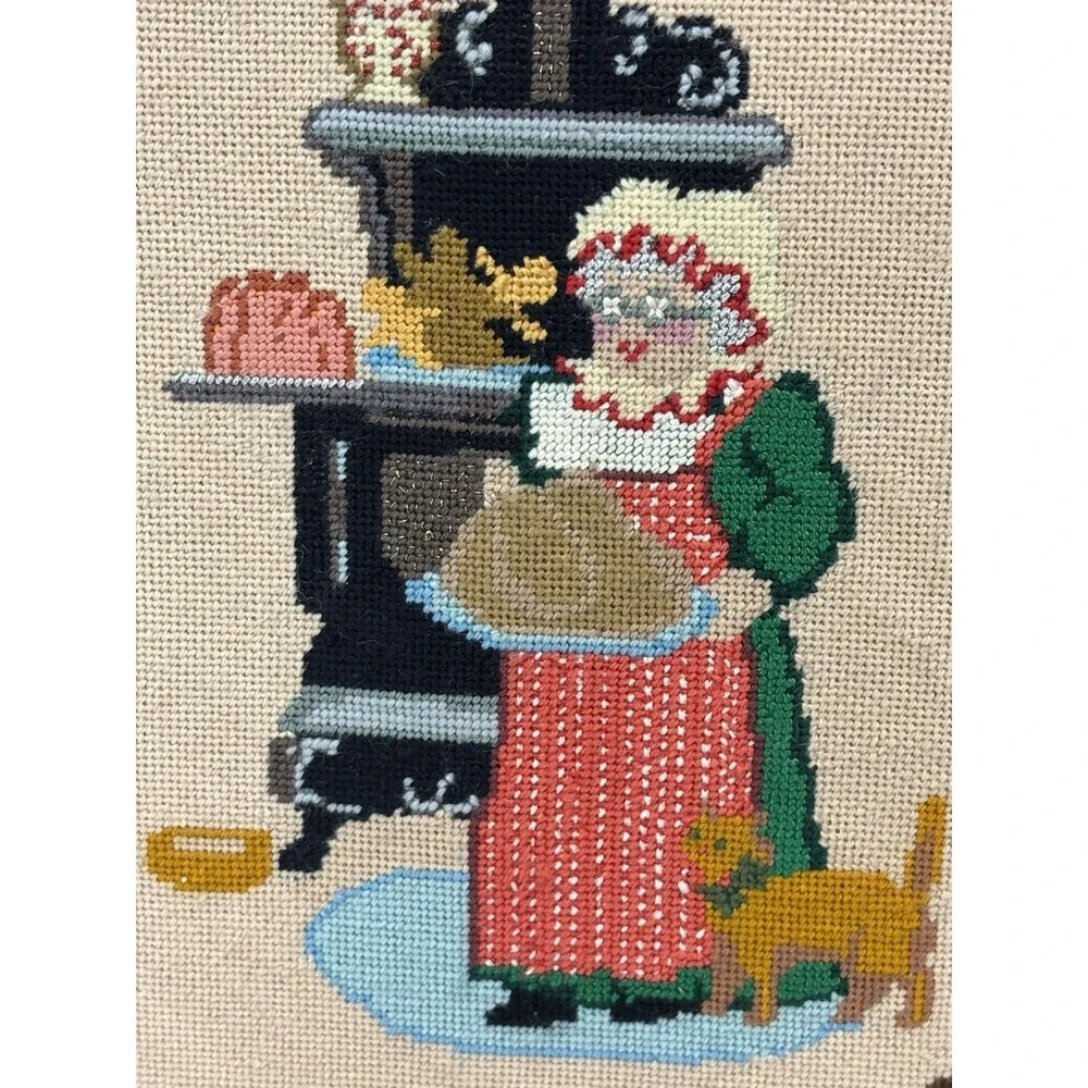 Vtg Christmas Needlepoint Art Framed Completed Mrs Claus Cat Dog Kitschy 11x17.5